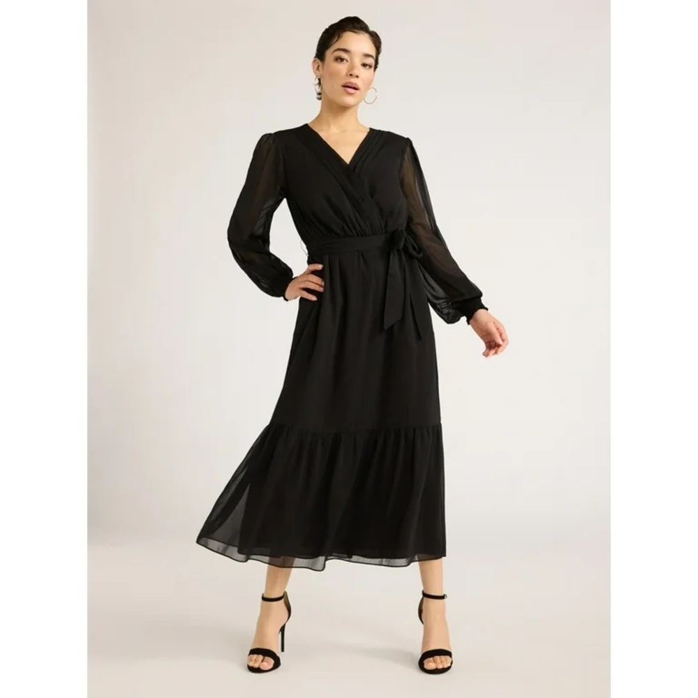 Sofia Vergara Womens V-Neck Cross Front Pleated Tie Waist Long Sleeve Maxi Dress